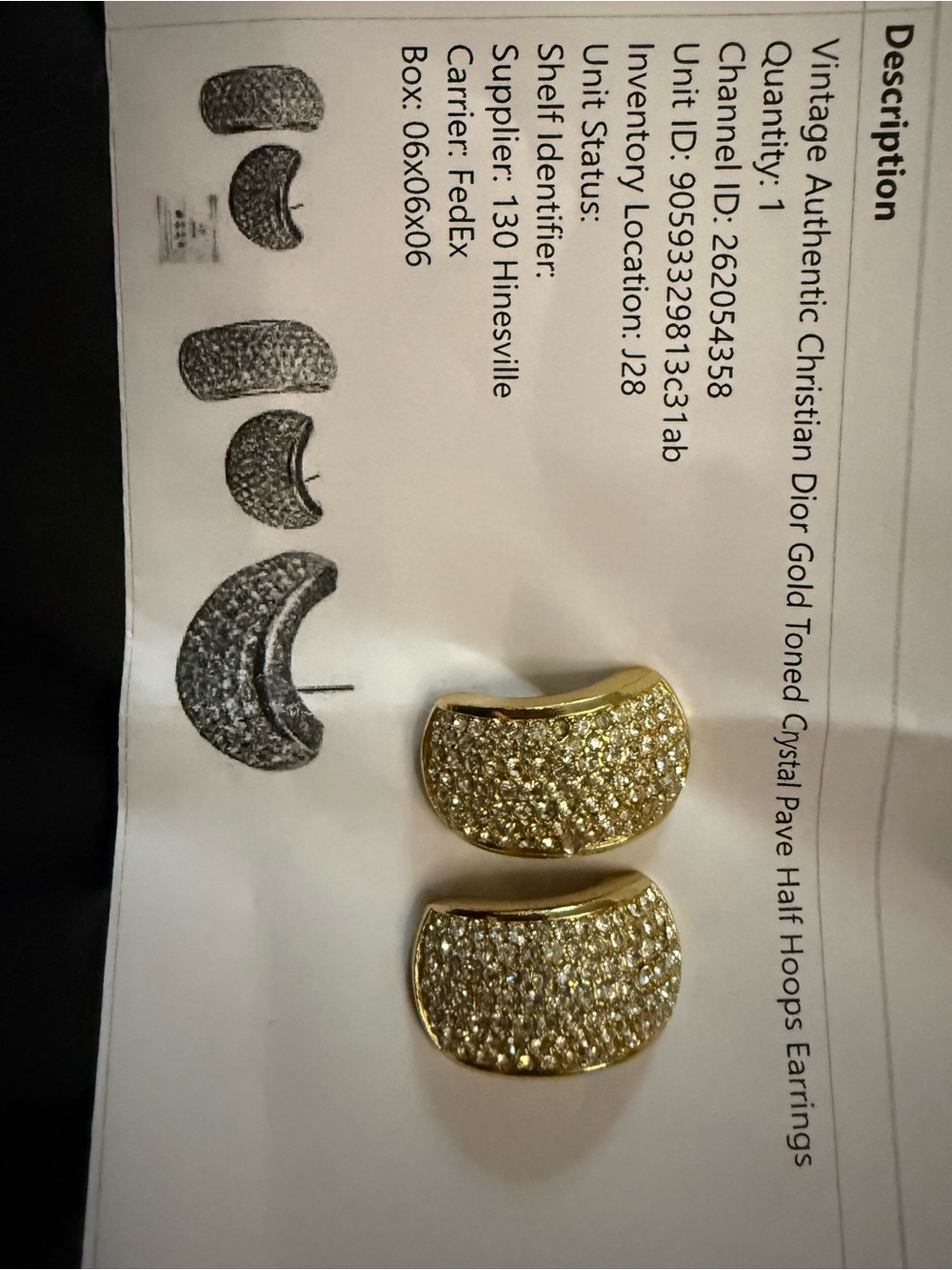Vintage Dior Gold Crystal Pavé Crescent half Hoop Earrings